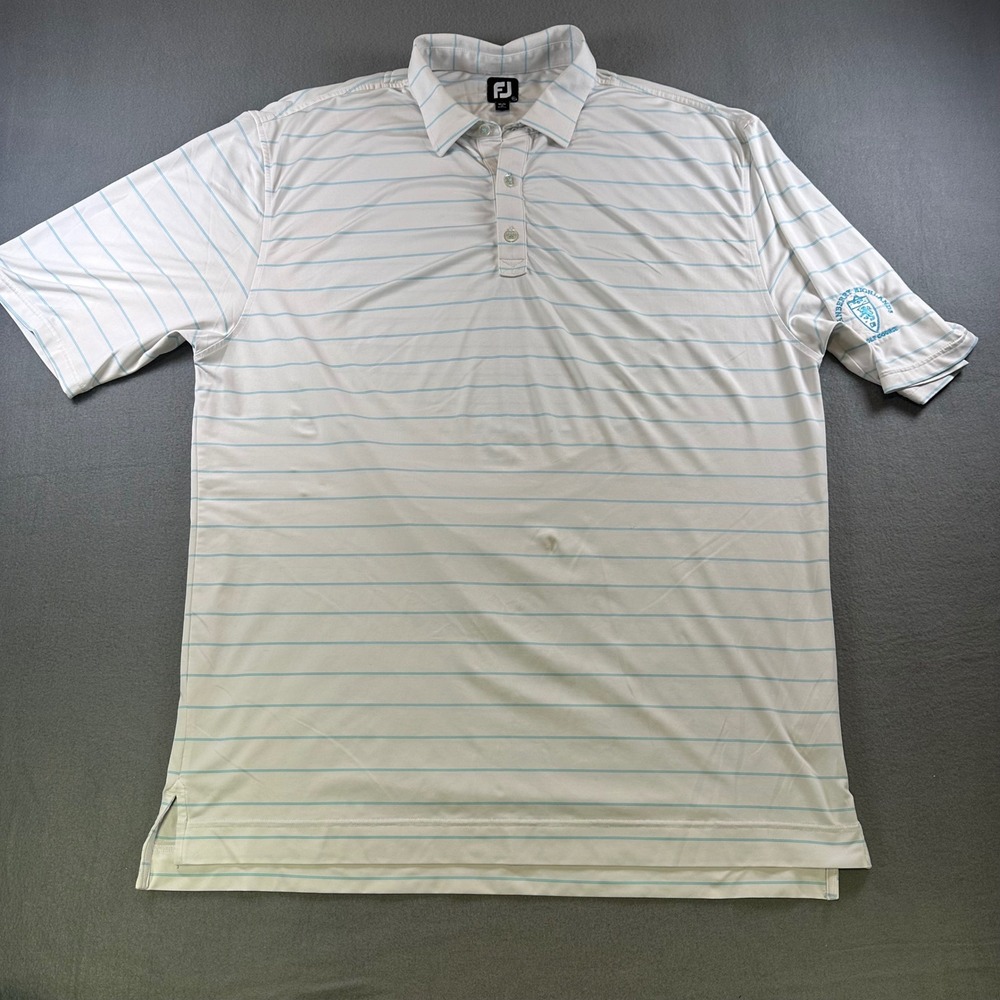 FootJoy Mens XL White Blue Striped Golf Polo Cranberry Highlands Logo 25739